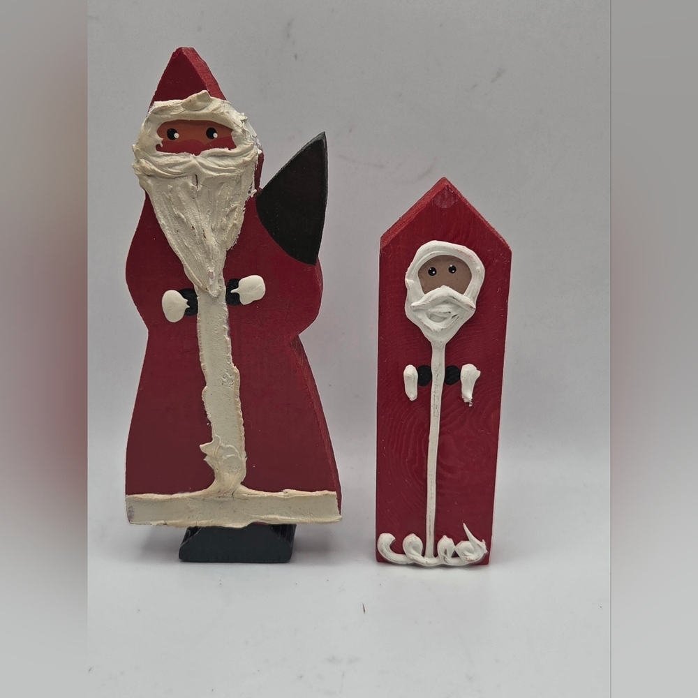 2 Vintage Artisan Made Hand Painted Wooden Santas